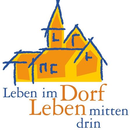 Ein gelbes Hauslogo mit 'Leben im Dorf' in Blau darüber und 'Leben mitten drin' in Orange darunter.