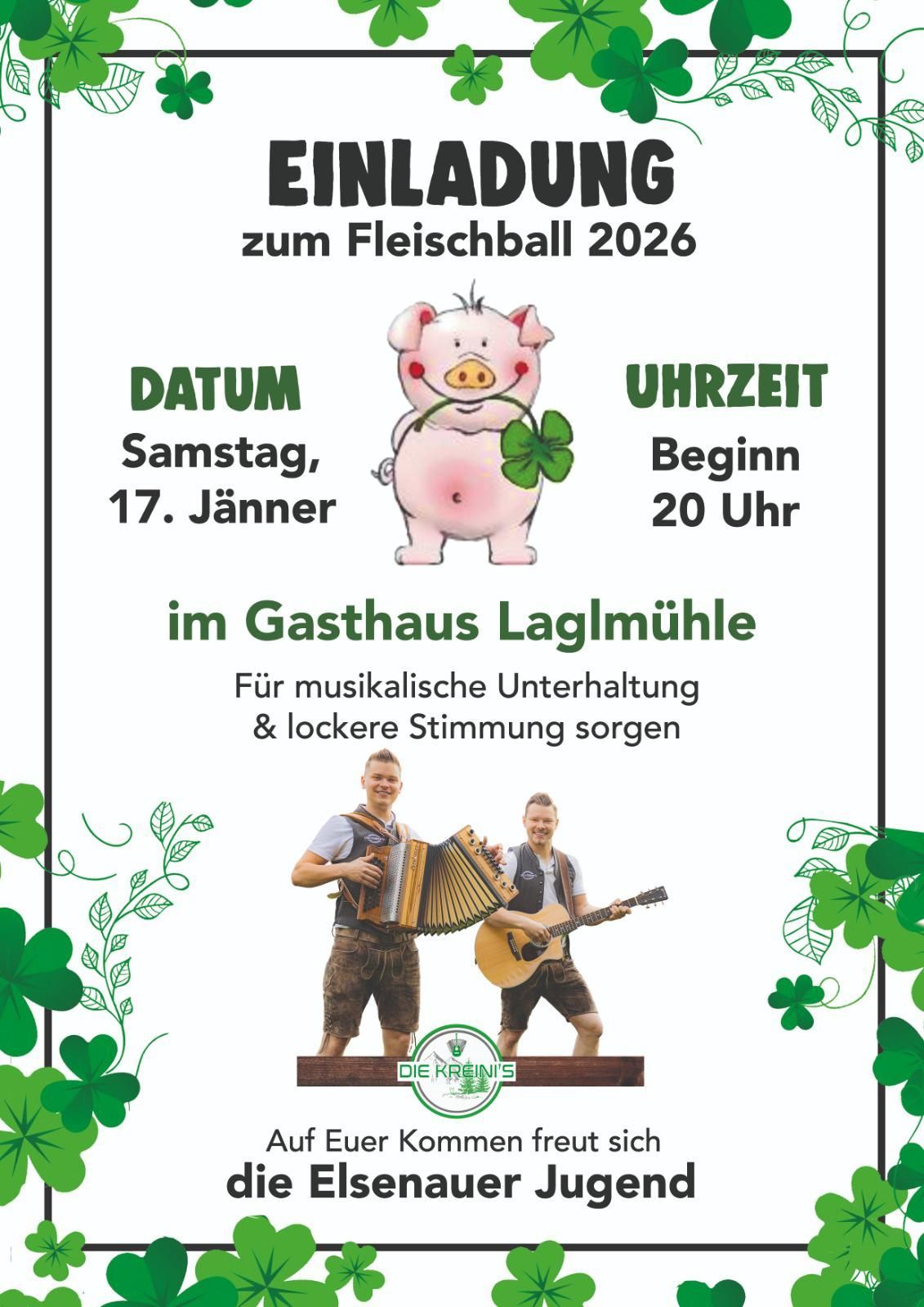 A poster advertising a meatball event in 2026 at Gasthaus Laglmühl. It features a pig holding a clover, two men playing instruments, and clovers in the background. The event is on Saturday, January 17, starting at 8 PM.