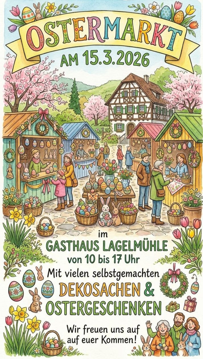 Illustration of an Easter market with small shops, people, flowers, and Easter decorations. A sign reads 'in Gasthaus Lagelmuhle from 10 to 5 pm'.