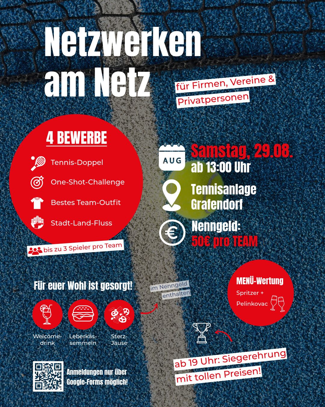 Plakat für eine Tennisveranstaltung am Samstag, 29. August, Beginn um 13:00 Uhr. Tennis-Doppel, One-Shot-Challenge, bestes Team-Outfit, Stadt-Land-Fluss. 50€ pro Team. Menü umfasst Willkommensgetränk, Snacks und Getränke.