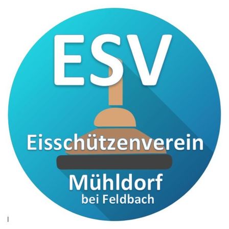 Ein rundes Logo für ESV Eisschutzenverein Mühldorf bei Feldbach. Das Logo ist blau mit weißen Texten und einer Illustration eines Spülers.