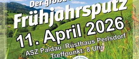 Plakat für die 'Grosse Steirische Frühjahrsputz' Veranstaltung am 11. April 2026, zeigt eine grüne Landschaft, Berge und Blumen. Der Text ist in Deutsch.