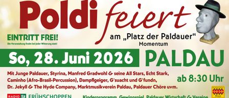 Plakat für eine Veranstaltung, 'ldifeier', die im Juni 2026 am Platz der Palm stattfindet. Mit Bands, Dampfgeiger und G'sauacht.