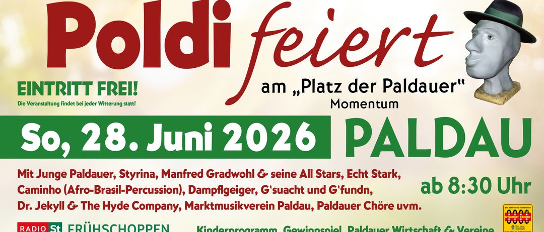 Plakat für eine Veranstaltung, 'ldifeier', die im Juni 2026 am Platz der Palm stattfindet. Mit Bands, Dampfgeiger und G'sauacht.