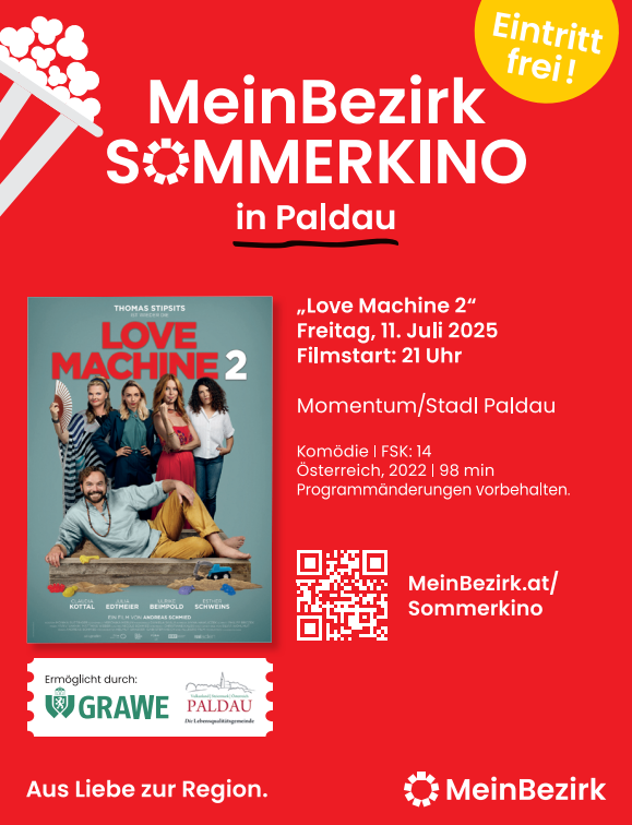 Filmplakat für Love Machine 2, mit einem QR-Code für weitere Informationen, auf einem roten Hintergrund mit dem Veranstaltungsnamen MeinBezirk Sommerkino in Paldau.
