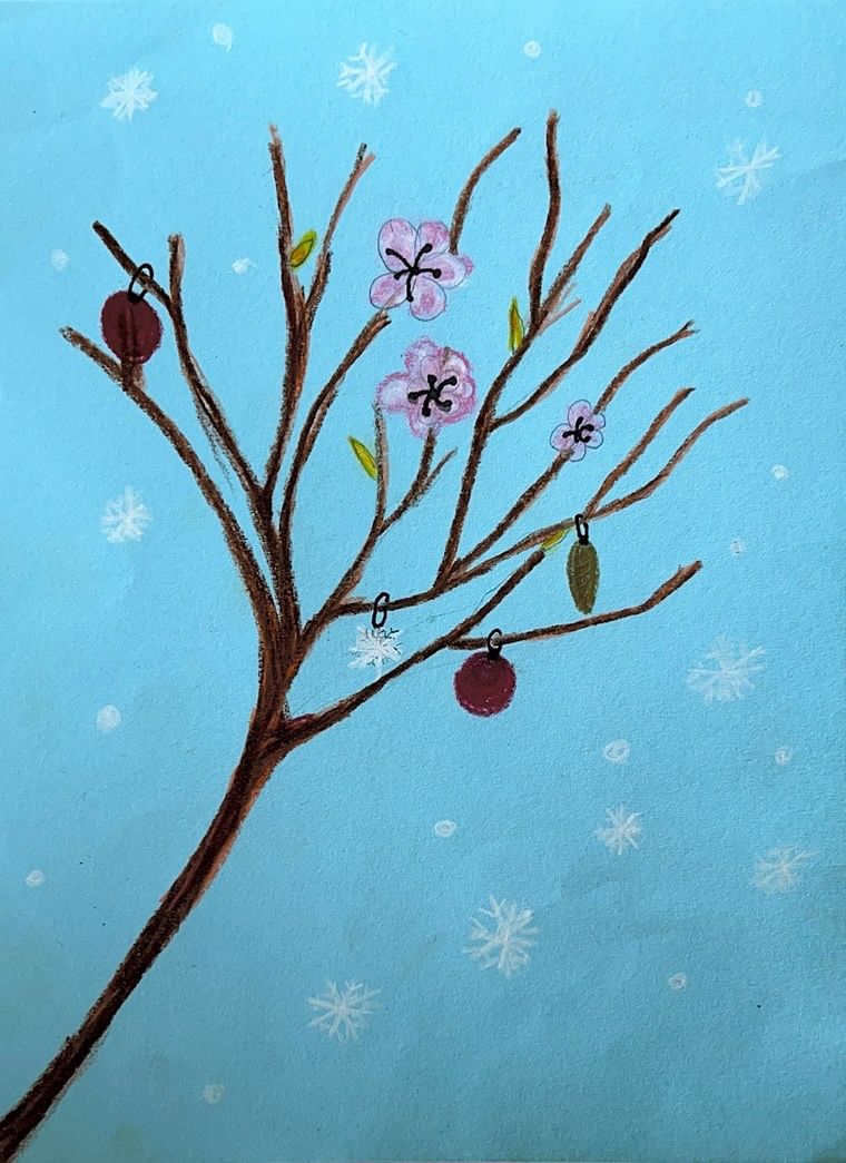 Ein Kunstwerk eines Baumzweigs mit blauem Hintergrund. Es hat kleine, runde rote Früchte, die an den Zweigen hängen, mit einigen Blättern und einem Schneeflocken auf dem Zweig.