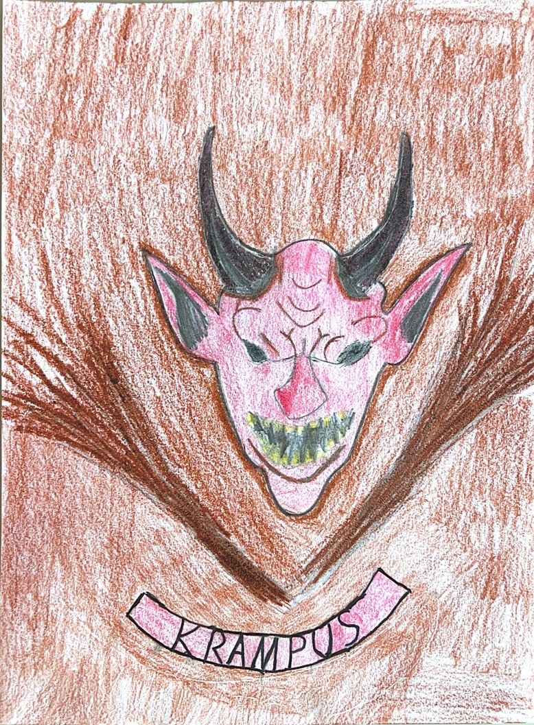 Eine handgezeichnete Abbildung eines pinkfarbenen Teufelsgesichts mit Hörnern und einem grünen Mund auf einem braunen Hintergrund.