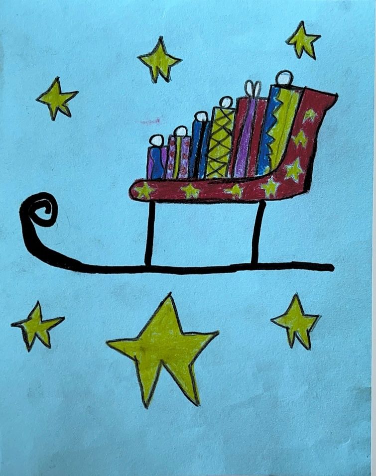 Eine Zeichnung eines Schlittens voller bunter Geschenke, mit Sternen, die auf einem blauen Hintergrund verstreut sind.