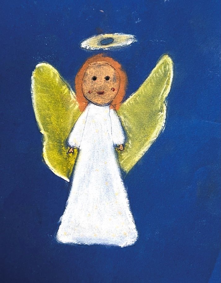 Eine Malerei eines lächelnden Engels mit Flügeln und einem Heiligenschein über einem blauen Hintergrund.