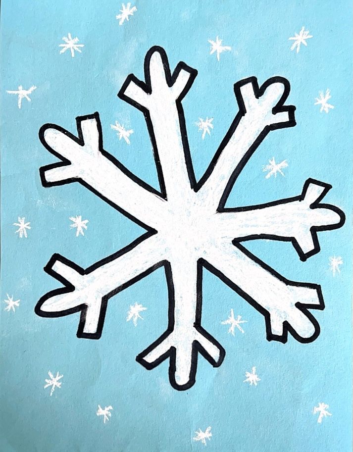 Ein Winterflocken auf blauem Hintergrund, gemalt mit weißen und schwarzen Farben. Die Schneeflocke hat sechs symmetrische Äste, jeder mit einzigartigen Mustern.