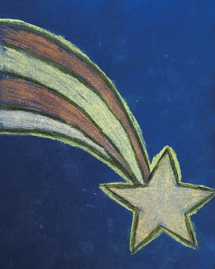 Ein Stern mit einem leuchtenden Schweif ist auf blauem Hintergrund dargestellt. Der Stern und der Schweif sind mit farbiger Kreide handgezeichnet.