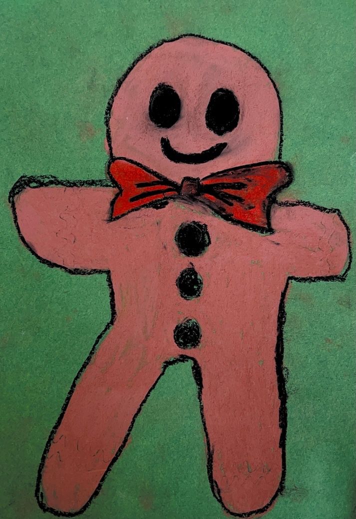 Eine Zeichnung eines Lebkuchenmanns mit lächelndem Gesicht, roter Schleife und schwarzen Knöpfen auf grünem Hintergrund.