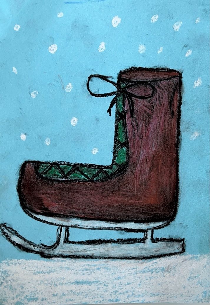 Ein brauner Eisschlittschuh mit grünen Streifen und einer schwarzen Schnur ist auf einem blauen Hintergrund mit weißen Schneeflocken gezeichnet.