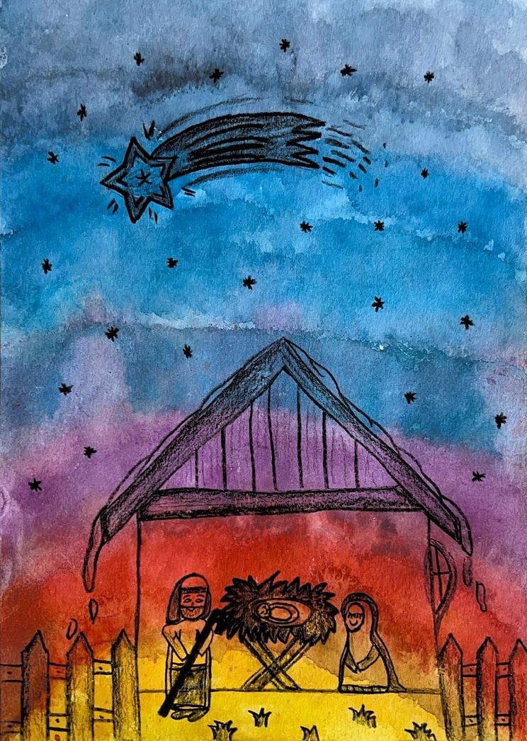 Eine Aquarellmalerei zeigt einen Sternenhimmel über einer Scheune. Ein Stern leuchtet hell, und ein Komet ist am Himmel sichtbar. In der Scheune befinden sich drei Figuren, möglicherweise die Darstellung der Weihnachtsgeschichte.