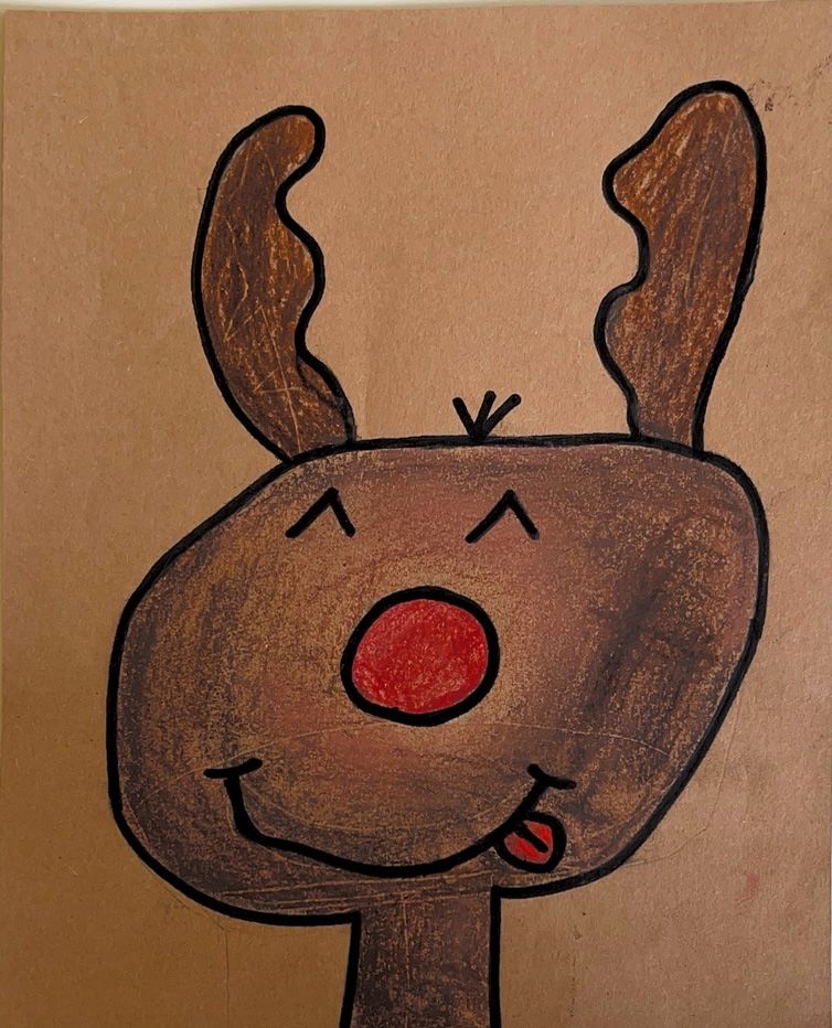 Eine Cartoon-Illustration eines Rentiers mit braunem Fell, roter Nase und lächelndem Gesicht. Es hat zwei braune Hörner und steht vor einem braunen Hintergrund.