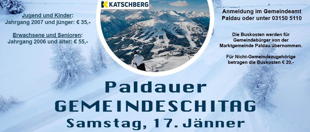 Eine Werbung für den Paldauer Gemeindetag am 17. Januar mit einem verschneiten Berg und einer Skifahrerin. Es werden Preise für verschiedene Altersgruppen aufgeführt.