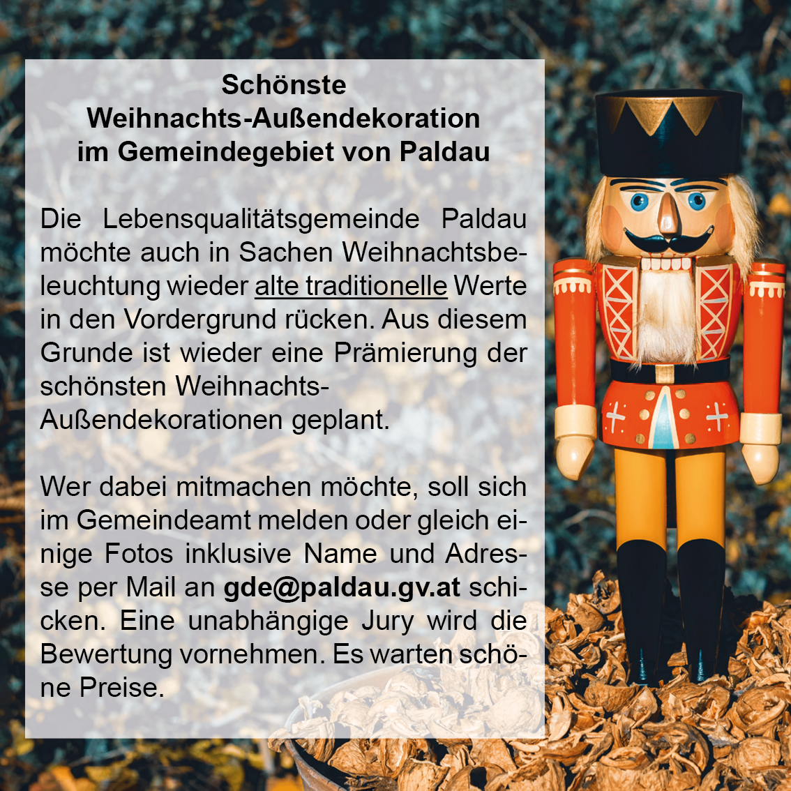 Plakat für den Weihnachtsaußendekorationswettbewerb der Gemeinde Paldau. Es zeigt eine Nussknackerfigur. Details umfassen eine Registrierungs-E-Mail und die Erwähnung von Preisen.