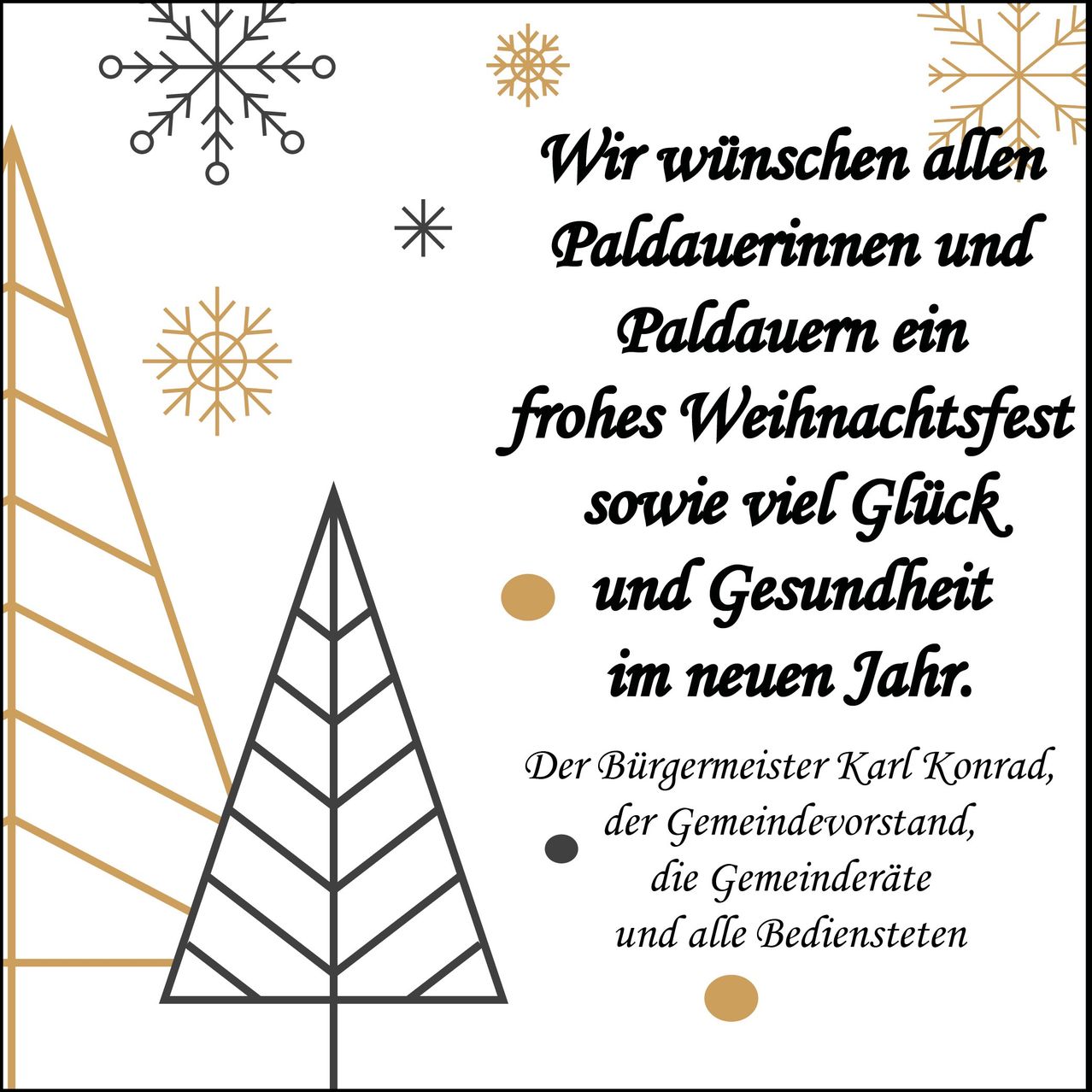 Ein weißer Hintergrund mit goldenen Schneeflocken und Bäumen, mit einer festlichen Botschaft in Deutsch, die allen ein frohes Weihnachtsfest und gute Gesundheit wünscht.