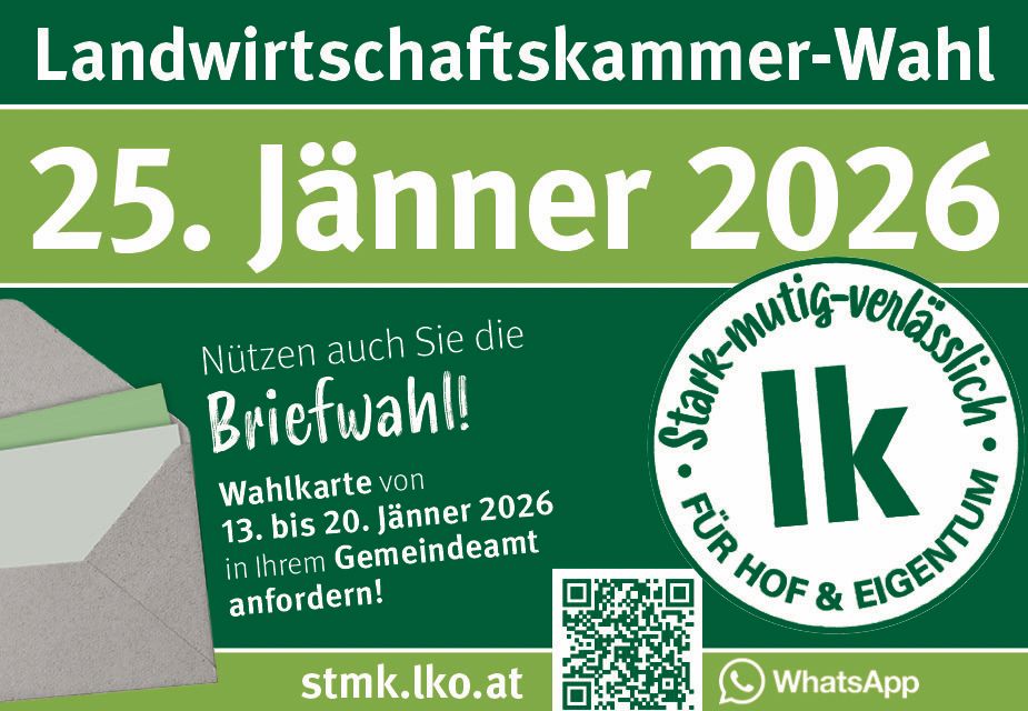 Green poster with announcement about the Chamber of Agriculture on January 5, 2025. It highlights a mail ballot, valid from January 13 to 20, 2026, in your community. QR code and WhatsApp logo are present.