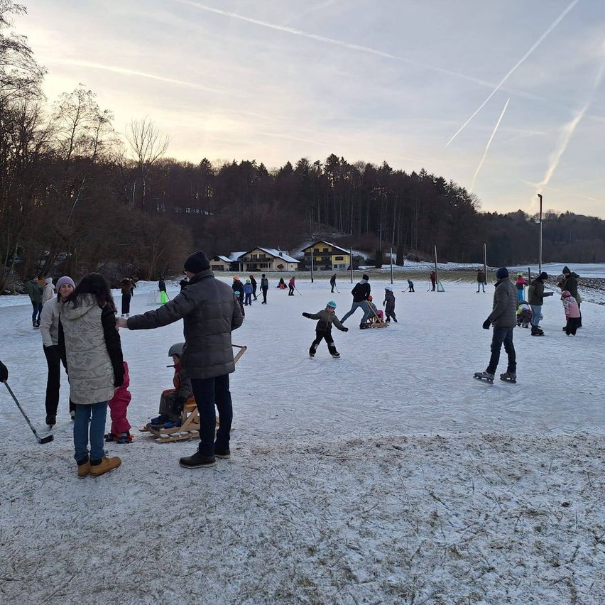 An einem verschneiten Tag sind zahlreiche Menschen auf einer Eisbahn mit Winteraktivitäten beschäftigt, umgeben von Bäumen und einem entfernten Gebäude.