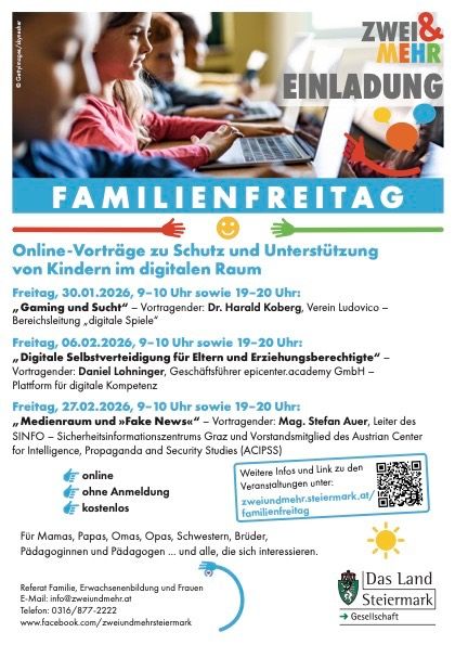 Das Poster bewirbt die 'Zwei & Mehr' Einladung zum Familientag mit Online-Vorträgen zum Schutz und zur Unterstützung von Kindern im digitalen Raum. Geplant an drei Freitagen, bietet die Veranstaltung Vorträge zu Gaming, digitaler Selbstverteidigung für Eltern und Medienkompetenz gegen Fake News.