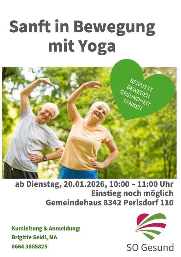Plakat für eine Yoga-Klasse. Es zeigt ein älteres Paar, das Yoga-Posen in einem Park macht. Der Text lautet 'Sanft in Bewegung mit Yoga'. Es enthält auch Datum und Uhrzeit der Klasse.