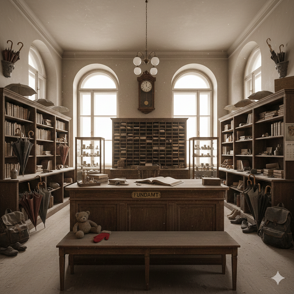 Ein leerer Raum mit Holzmöbeln, einschließlich eines Schreibtischs mit einem Buch und einem Plüschbären. Es gibt hohe Bücherregale und bogenförmige Fenster. Eine Uhr und Regenschirme sind an den Wänden montiert.