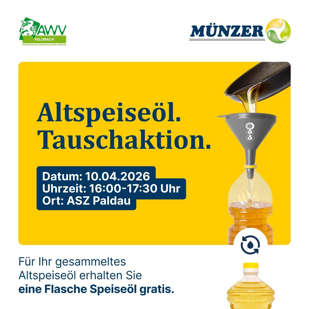 An advertisement for an old oil exchange event at ASZ Paldau on April 10, 2026, from 4-5:30 PM. Participants will receive a free bottle of cooking oil.