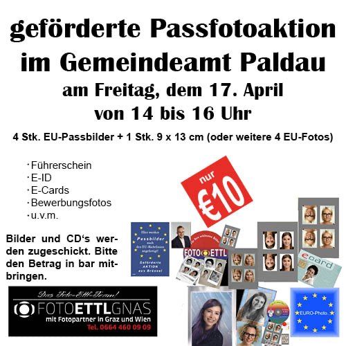 An advertisement for a passport photo action in the Paldau community office on Friday, April 17th, from 2 PM to 4 PM. Services include passport photos, driver's licenses, e-ID, e-cards, application photos, etc.