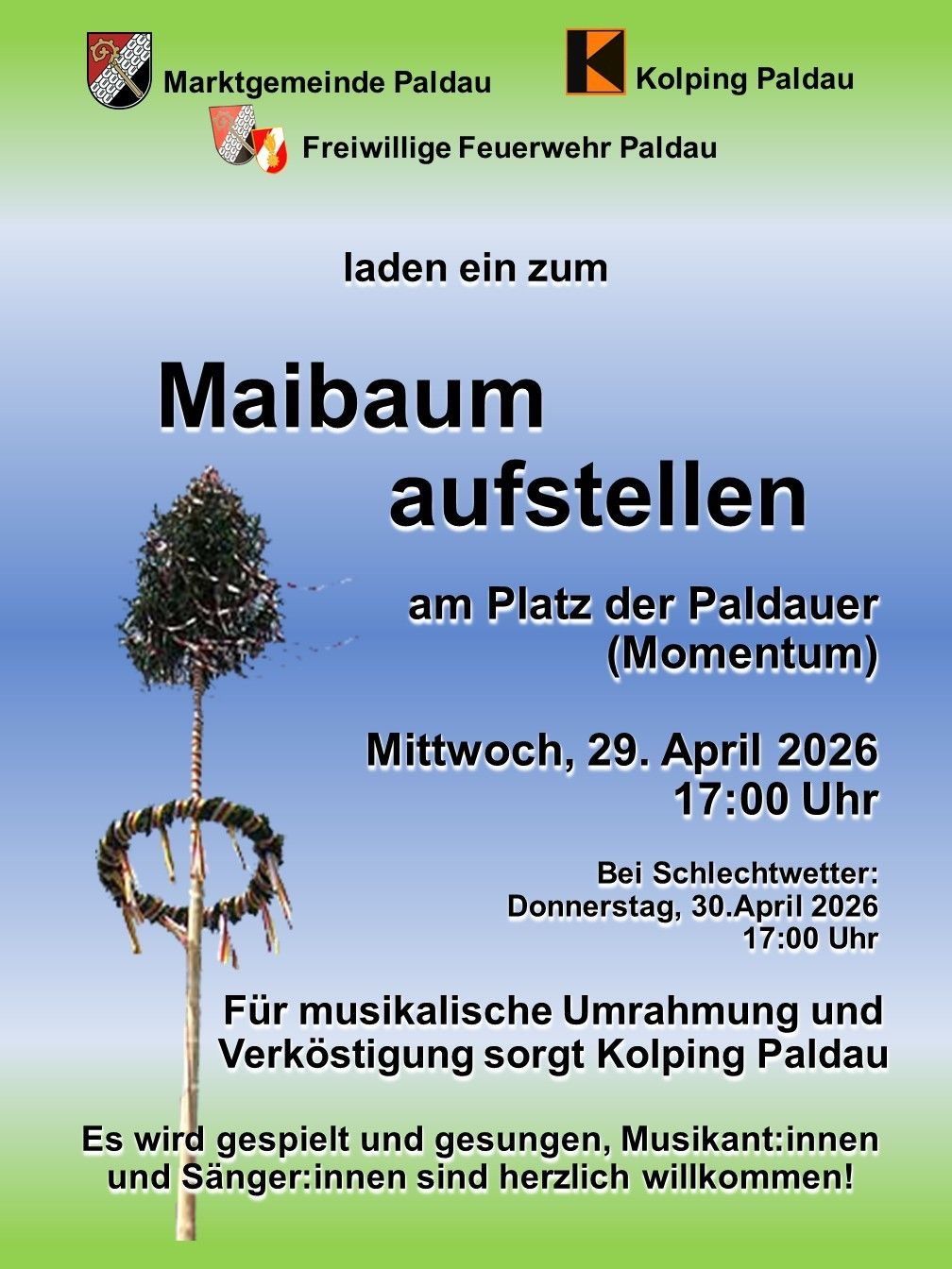 Poster for Maibaum event at Paldauer Platz (Momentum) on Wednesday, April 29, 2026 at 5:00 PM. If weather is bad, it will be on Thursday, April 30, 2026 at 5:00 PM. Includes music and refreshments by Kolping Paldau.