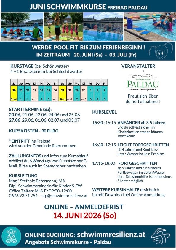Das Bild ist ein Flyer für einen Pool-Fitness-Kurs. Er findet vom 20. Juni bis 3. Juli statt. Der Kurs kostet 90 Euro. Er ist für Anfänger ab 3,5 Jahren geeignet. Melden Sie sich bis zum 14. Juni an.