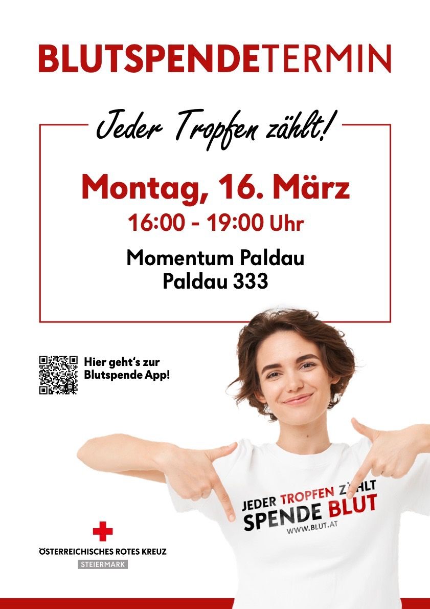 Plakat zur Werbung für eine Blutspende-Veranstaltung. Eine Frau zeigt auf einen QR-Code mit Text über eine Blutspende-App. Datum und Uhrzeit der Veranstaltung werden angezeigt.