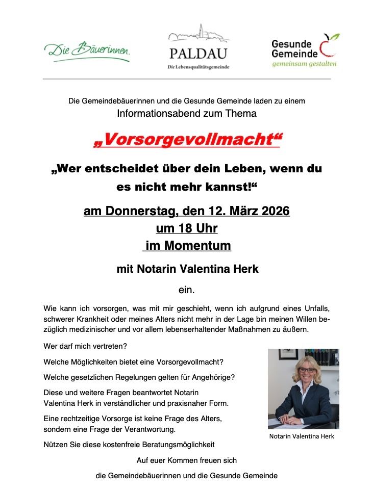 Ein Flyer lädt zu einem Informationsabend zum Thema "Vorsorgevollmacht" von Gemeindebehörden und der gesunden Gemeinde am Donnerstag, den 12. März 2026 um 18 Uhr im Momentum mit Notarin Valentina Herk ein.