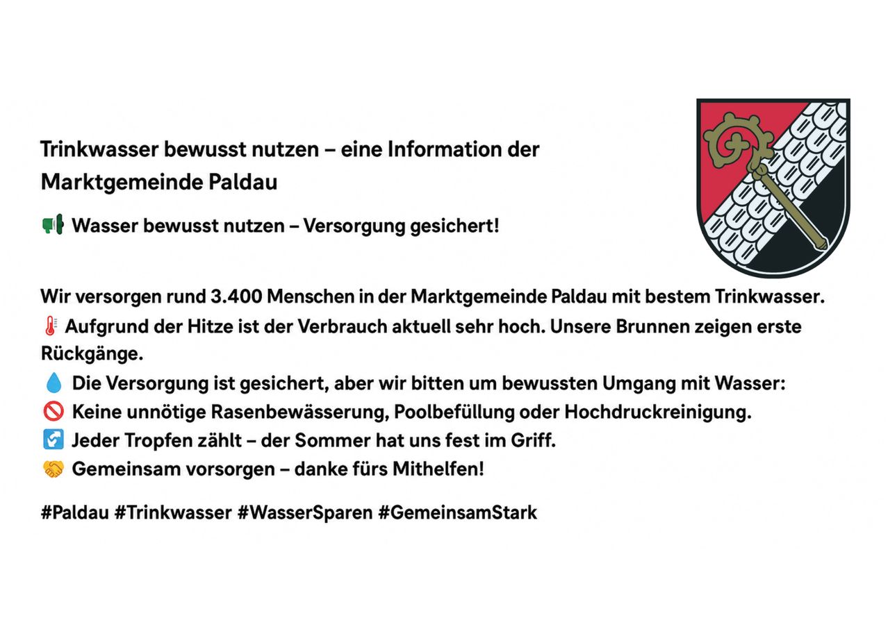 Eine Gemeindemitteilung aus Paldau über Wassereinsparung, mit einem Wappen und einem Aufruf zur verantwortungsvollen Wassernutzung.