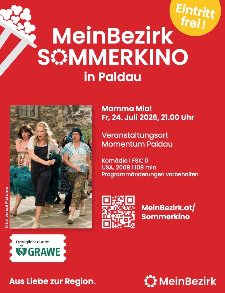 Plakat für den Film Mamma Mia! bei MeinBezirk Sommerkino in Paldau. Datum: Freitag, 24. Juli 2026, 21:00 Uhr. Ort: Momentum Paldau. Komödie, 108 min, USA, 2008. Programmänderungen vorbehalten.