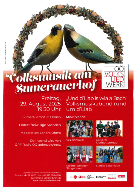 Plakat für einen Abend mit Volksmusik, mit zwei Vögeln abgebildet, Text lautet 'Volksmusik am Sumerauerhof' und Datum 29. August 2025. Veranstaltungsdetails und Teilnehmerinformationen enthalten.