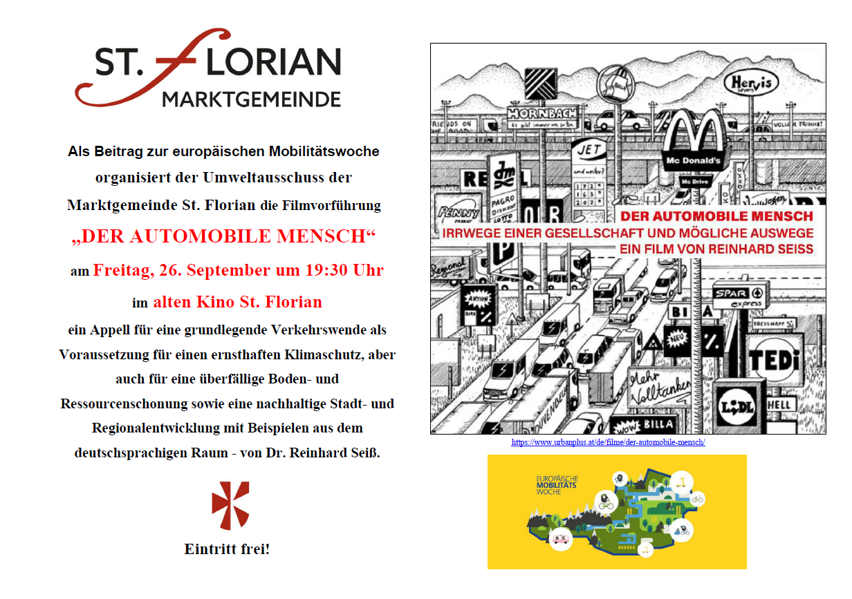 Plakat zur Europäischen Mobilitätswoche in der Marktgemeinde St. Florian. Der Film "Automobile Mensch" wird am 26. September um 19:30 im alten Kino gezeigt. Der Eintritt ist frei.