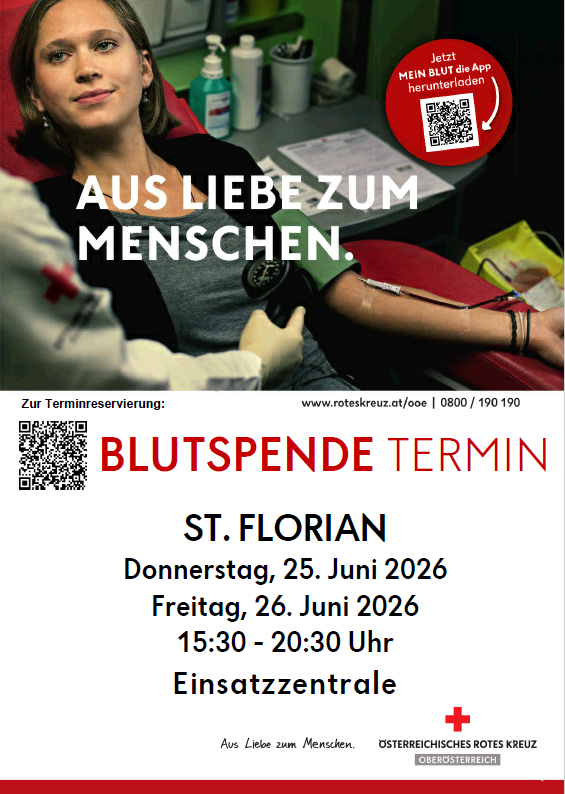 Plakat für Blutspendetermin bei St. Florian, 25. und 26. Juni 2026, 15:30-20:30. Frau spendet Blut, mit Kontaktinfo und QR-Code.