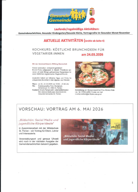 Das Dokument handelt von einer Veranstaltung 'Gesunde Gemeinde'. Es beinhaltet einen vegetarischen Kochkurs am 24.03.2026. Ein Vortrag über 'Bildschön: Social Media und jugendliche Körperideale' ist für den 6. Mai 2026 geplant. Die Veranstaltungsdetails werden später bekannt gegeben.