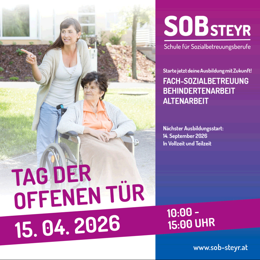 Ein Plakat zum Tag der offenen Tür mit einer Frau, die zeigt, und einer Frau im Rollstuhl. Veranstaltungsdetails werden bereitgestellt.