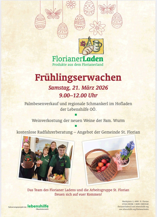 Ein Veranstaltungsposter für FlorianerLaden am 21. März 2026, von 9 bis 12 Uhr. Verkauf von Palmzweigen und regionalen Snacks im Hofladen der Lebenshilfe OO. Weinverkostung und kostenlose Fahrradberatung angeboten.