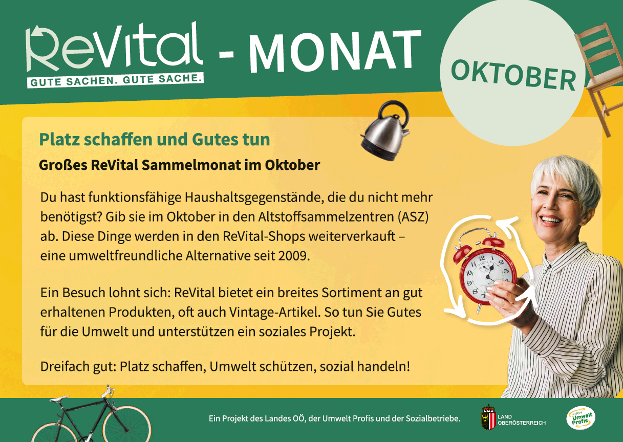 Plakat zur Werbung für den Revital-Sammelmonat im Oktober. Es ermutigt die Menschen, funktionsfähige Haushaltsgegenstände an Recyclingzentren zu spenden, die in Revital-Shops weiterverkauft werden. Das Plakat zeigt eine Uhr und einen Wasserkocher.