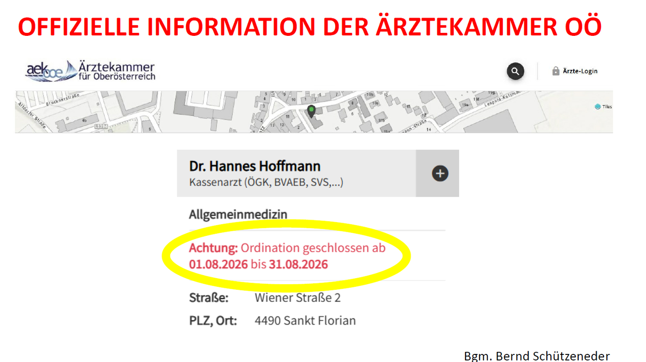 Eine Webseite für Dr. Hannes Hoffmann, Allgemeinarzt, zeigt eine Adresse und eine Mitteilung, dass die Praxis vom 1. bis 31. August 2026 geschlossen ist.