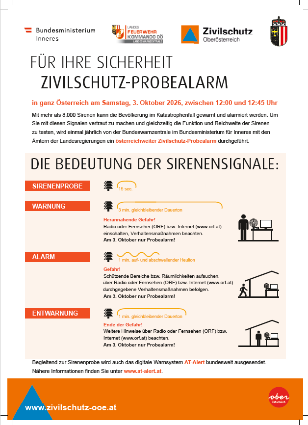 Ein Flyer des österreichischen Innenministeriums mit dem Titel 'Zivilschutz-Probealarm' informiert über einen landesweiten Zivilschutz-Probealarm am 3. Oktober 2026 zwischen 12:00 und 12:45 Uhr. Der Flyer erklärt die Bedeutung der Sirenensignale und die Wichtigkeit der Prüfung der Funktionalität und Reichweite der Sirenen. Es wird auch erwähnt, dass das digitale Warnsystem AT-Alert während der Probe aktiviert wird.