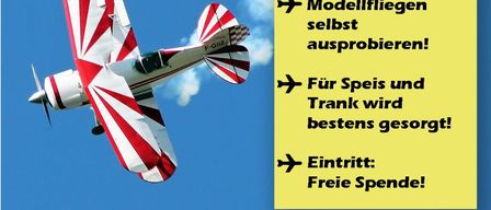 Ein Plakat für eine Veranstaltung mit einem Flugzeug am Himmel. Es erwähnt Hubschrauber, Zuckerlabwurf, Jets und Modellfliegen. Die Veranstaltung ist in Waidhofen/Thaya mit freiem Eintritt. Die Zeit ist 13:00 und 21:00.