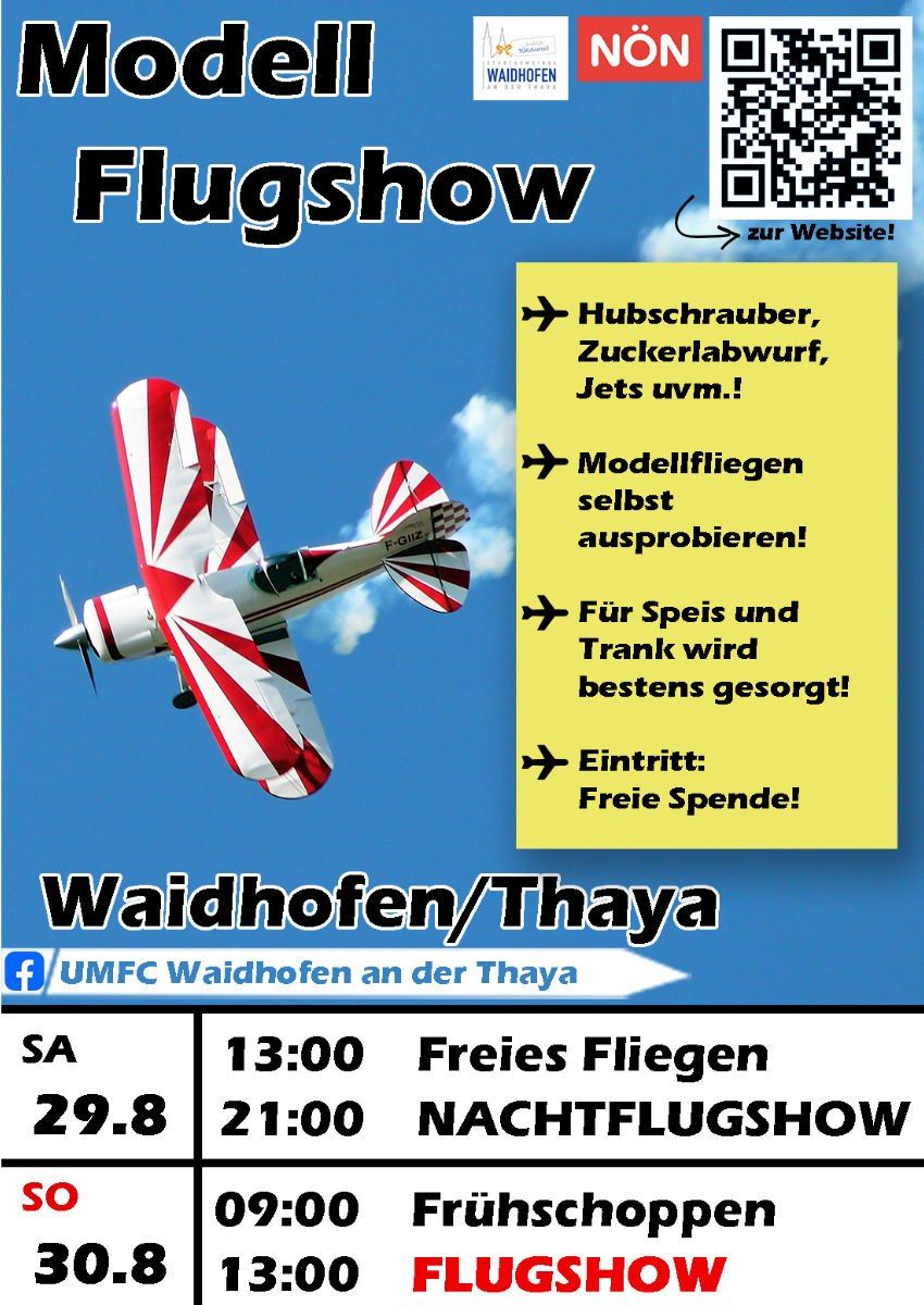 Eine Anzeige für eine Flugshow mit verschiedenen Flugzeugen, die am blauen Himmel fliegen. Es bietet freien Eintritt und zeigt Modellflugzeuge, einen Hubschrauber und andere Flugzeuge.