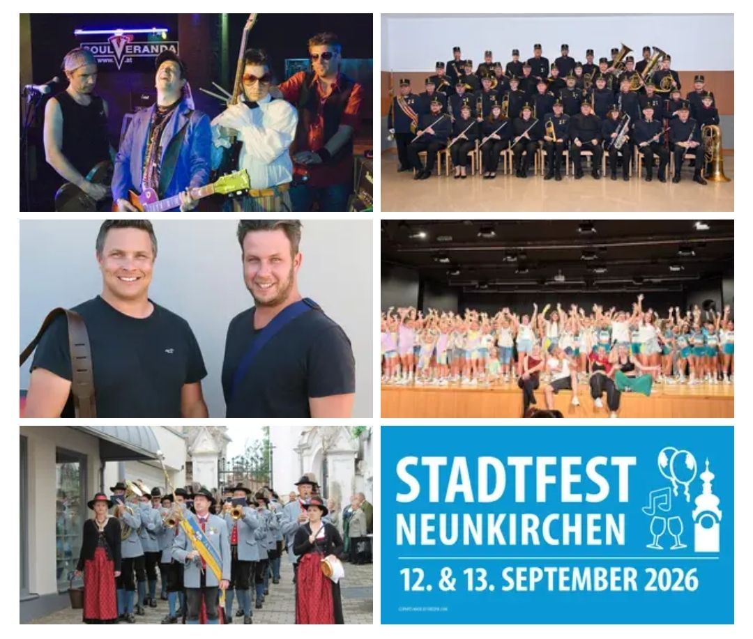 A collage of images featuring musicians, a marching band, a crowd at a concert, and a traditional parade. The top left shows a band with guitars, the top right a seated band, the middle left two men smiling, the middle right a crowd at a concert, and the bottom left a traditional parade.