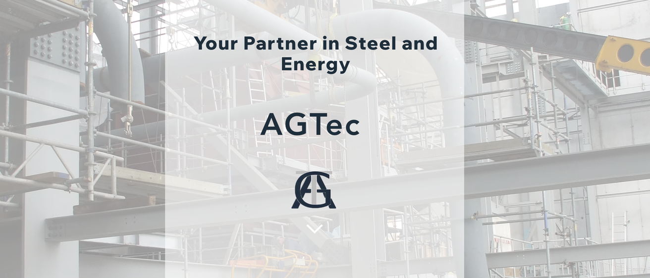 Ein industrielles Umfeld mit großen Stahlkonstruktionen. Der Text lautet 'Ihr Partner für Stahl und Energie'. Darunter befindet sich das AGTec-Logo.