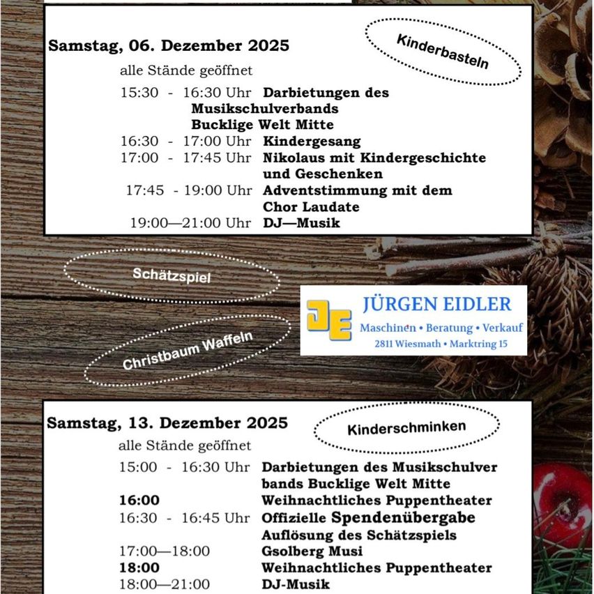 Der Plakattext kündigt Veranstaltungen für den 6. Dezember 2025 an, darunter Auftritte des Musikschulvereins, Kinderchor und Nikolaus mit Kindergeschichten und Geschenken. Am 13. Dezember 2025 gibt es Auftritte des Musikschulvereins, Weihnachtsbaumbeleuchtung, offizielle Spendenübergabe, Schatzsuche und Weihnachtspuppentheater.