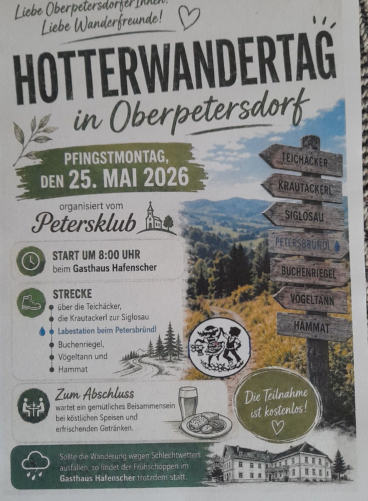 Ein Plakat bewirbt einen Hüttenwandertag am Montag, 25. Mai 2026 in Oberpetersdorf, organisiert vom Petersklub. Beginn um 8 Uhr bei Gasthaus Hafenscher. Die Strecke führt über Teichäcker, Krautäcker, Siglosau und mehr. Zum Abschluss wartet ein Treffen mit Essen und Getränken, kostenlos.